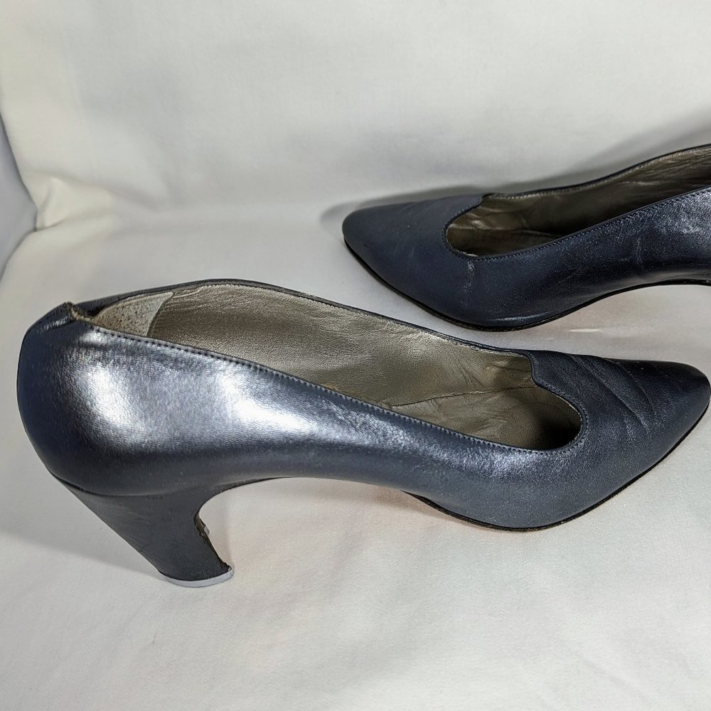 Size 7 Italian Leather Gunmetal Grey/Silver Pumps, Phyllis Poland